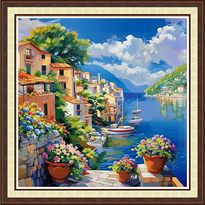 Magxvouy Cross Stitch Kits Stamped Full Range of Embroidery Kits,Cross Stitch Patterns Needlework Kits for Beginners 11CT Printed Kits&Seaside Scenery 18x18 inchs