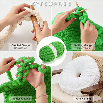 ERLYEEN Chenille Chunky Yarn Super Bulky Soft Thick Fluffy Jumbo Giant Washable Polyester Big Yarn DIY for Arm Knit Blanket Cushion Bed Sofa Home Decor,Green,0.55LB