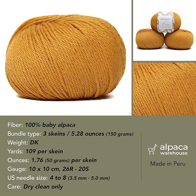 100% Baby Alpaca Yarn Wool Set of 3 Skeins (150 Grams) DK Weight - Made in Peru - Heavenly Soft and Perfect for Knitting and Crocheting (Gold, DK)
