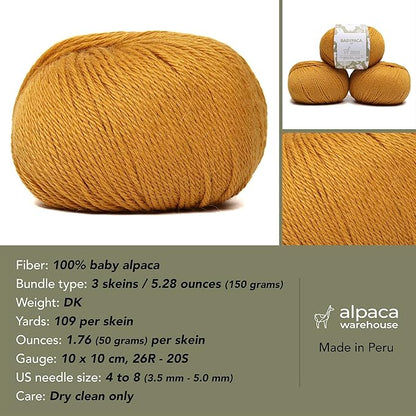 100% Baby Alpaca Yarn Wool Set of 3 Skeins (150 Grams) DK Weight - Made in Peru - Heavenly Soft and Perfect for Knitting and Crocheting (Gold, DK)