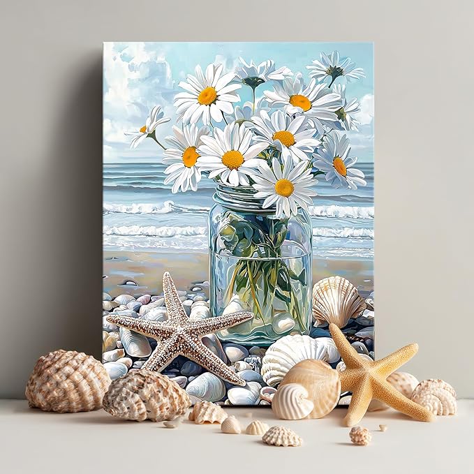 WENGTIAO Blue Beach Bunch of Flowers Canvas Wall Art Ocean Stones Paintings White Flowers in Full Bloom Wall Picture Canvas Print Artwork Wall Decor for Dining Office Living Room Bedroom 12"x16"