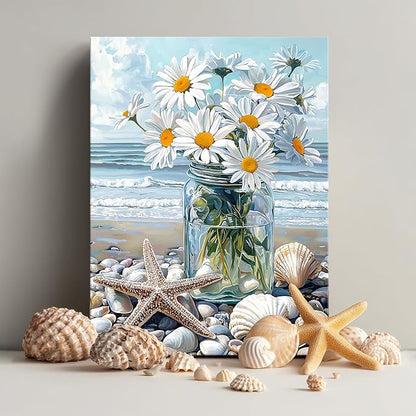 WENGTIAO Blue Beach Bunch of Flowers Canvas Wall Art Ocean Stones Paintings White Flowers in Full Bloom Wall Picture Canvas Print Artwork Wall Decor for Dining Office Living Room Bedroom 12"x16"