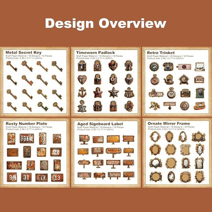 AuriicLeaf Vintage Kraft Paper Sticker Set, 96PCS Retro Scrapbook Supplies for Journaling and Crafts, Includes Keys, Padlocks, Signs, Labels, Frames, Number Plates