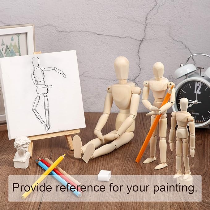 Sumind 3 Pack 12 8 5.5 Artist Wooden Manikin Flexible Jointed Mannequin Moveable Human Figure Model Wood Manikin with Stand for Home Office Decoration Drawing Painting Supplies