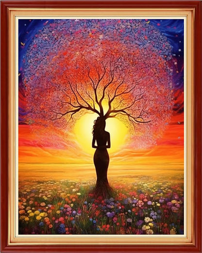 Foxhool Stamped Cross Stitch Kits,11CT Printed Cross Stitch Pattern Full Embroidery Kits for Beginner Needlepoint Kits-Girl Tree 16x20 inchs