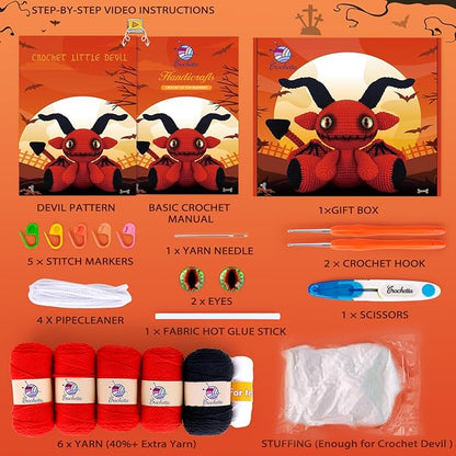Crochetta Crochet Kit for Beginners, Crochet Starter Kit with Step-by-Step Video Tutorials, Amigurumi Crochet DIY Knitting Supplies for Adults, Red Devil (40%+ Yarn)