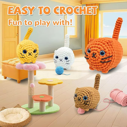 SGIBYN Crochet Kit for Beginners,Crochet Cat Kit with Step-by-Step Video Tutorials - DIY Amigurumi Loaf Cat Family, Easy Animals Craft Kit for Adults & Teens