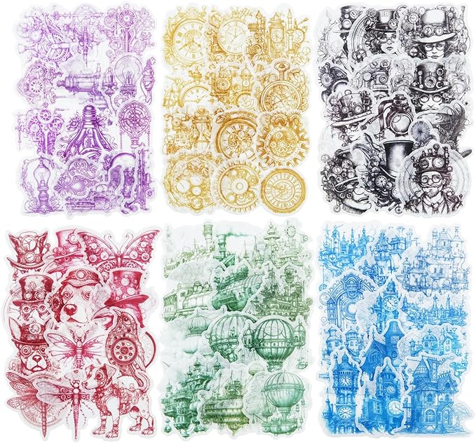 AuriicLeaf Retro Steampunk Washi Stickers, 180 Pcs Mechanical Ephemera for Scrapbooking, Journaling, DIY Crafts, and Art Supplies