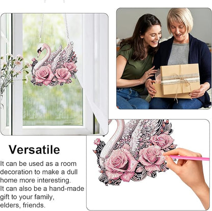 Diamond Art Painting Pendant Ornament Kits 5D Diamond Art Painting Art Hanging Kit Rose Swan DIY Diamond Crystal Window Door Pendant Kit for Adults Gift Wall Home Christmas Decoration (24.2x23 cm)