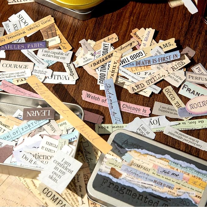 AuriicLeaf Vintage Fragmented Label Stickers, 400 PCS Washi Ephemera for Scrapbooking, Journaling, Crafting, DIY Projects, Diaries, and Art Supplies - 2 Iron Boxes Included