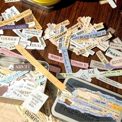 AuriicLeaf Vintage Fragmented Text Stickers, 400 PCS Washi Ephemera for Scrapbooking, Journaling, Crafting, DIY Projects, Diaries, and Art Supplies - 2 Iron Boxes Included