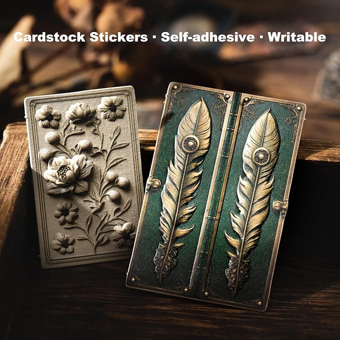 AuriicLeaf Metal Imprint Stickers Set – 120PCS Vintage Faux Embossed Label Stickers Featuring Writable Self-Adhesive Tags for Scrapbook Junk Journal DIY Crafts