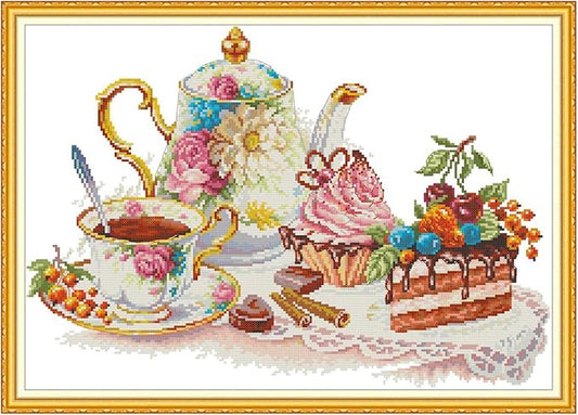 Cross Stitch Kits Stamped Full Range of Embroidery Starter Kits for Beginners DIY 14CT Easy Patterns Embroidery for Girls Crafts-Afternoon Tea 18.9x13.8 (inch)