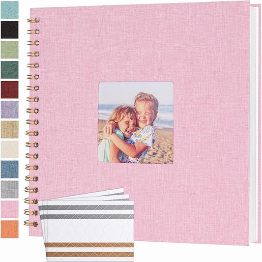 Scrapbook Photo Album 10x10 Inches 80 Pages Hardcover Kraft Paper Linen Cover Scrap Book Memory Book DIY Scrapbook Albums for Wedding Baby Boyfriend Travel Anniversary Family, Pink