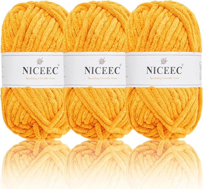 NICEEC 3 Skeins Sparkling Chenille Yarn Soft for Crochet & Knitting - Blanket Yarn DIY Craft - Total Length 350m (355yds/3.53oz3) - Yellow