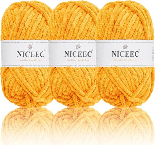 NICEEC 3 Skeins Sparkling Chenille Yarn Soft for Crochet & Knitting - Blanket Yarn DIY Craft - Total Length 350m (355yds/3.53oz3) - Yellow