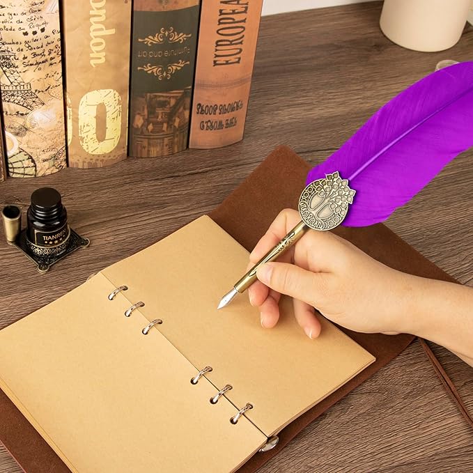 TIANREN Quill pen ink set,Feather Pen and Ink Set,Antique Calligraphy Pen with 4 Replaceable Nibs,2 Bottle of ink,Feather Dip Pen Holder Christmas Gift for Men&Women.(Purple)