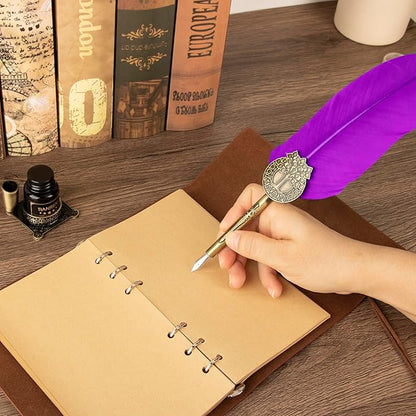 TIANREN Quill pen ink set,Feather Pen and Ink Set,Antique Calligraphy Pen with 4 Replaceable Nibs,2 Bottle of ink,Feather Dip Pen Holder Christmas Gift for Men&Women.(Purple)
