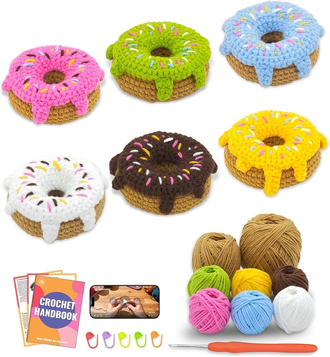 PAITIN Crochet Kit for Beginners – DIY Donut Amigurumi Crochet Kit, Easy Crochet Kits with Step-by-Step Video Tutorial and Beginner Handbook