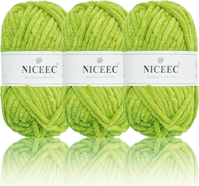 NICEEC 3 Skeins Sparkling Chenille Yarn Soft Blanket Yarn for Crochet & Knitting, Total 165yds/10.6oz - Spring Green