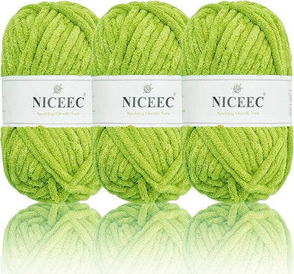 NICEEC 3 Skeins Sparkling Chenille Yarn Soft Blanket Yarn for Crochet & Knitting, Total 165yds/10.6oz - Spring Green