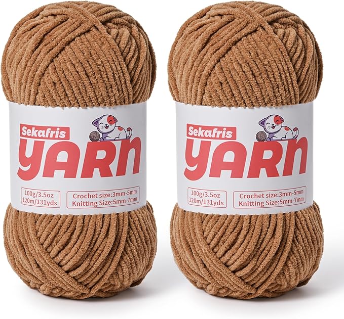 2 Pack Plush Chunky Chenille Yarn for Crocheting, Soft Fluffy Velvet Yarn for Crocheting Amigurumi, Fuzzy Baby Blanket Knitting 200g/262yds Bulky(2 Light Coffee)