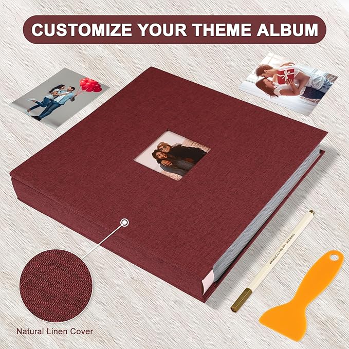 Self Adhesive Photo Album Black Pages Scrapbook Magnetic Photo Albums for 4x6 5x7 8x10 Pictures Books with Sticky Pages with A Metallic Pen for Baby Family Wedding 13.2x12.8 Red 120 Pages