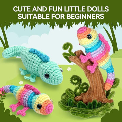 MOREJMTT Crochet Kit for Beginners, Crochet Animal Kits, Crocheting Kit for Starters, Learn to Crochet with Step-by-Step Video Tutorials, Beginner Crochet Kit for Adults(Chameleons)