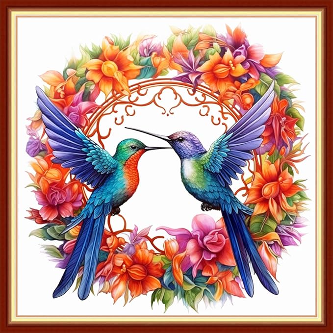 Foxhool Stamped Cross Stitch Kits,11CT Printed Cross Stitch Pattern Full Embroidery Kits for Beginner Needlepoint Kits-Hummingbird Wreath 18x18 inchs