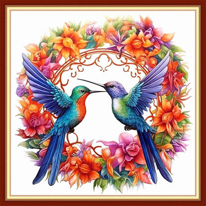 Foxhool Stamped Cross Stitch Kits,11CT Printed Cross Stitch Pattern Full Embroidery Kits for Beginner Needlepoint Kits-Hummingbird Wreath 18x18 inchs