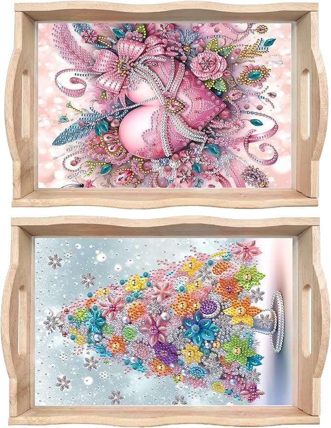 DIY Diamond Art Wooden Tray Kit, Food Tray with Handle Diamond Painted Table Decoration, for Breakfast, Bar, Dinner Table - #36-2PC