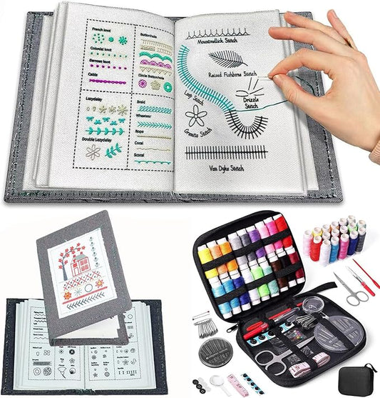 JUADMQC Upgraded Embroidery Stitch Book Kit for Beginners – DIY Hand Stitching Practice Sampler Complete Needlepoint Starter Set with Hoop, Threads & Canvas Pages Relaxing Art Craft Gift for Adults