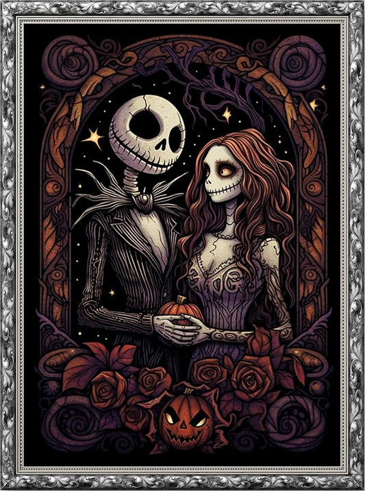 Leczany Cross Stitch Stamped Kit for Beginner - Halloween Couples | DIY Embroidery Starter Patterns Craft Kit Needlepoint for Adults | 11CT, 3 Strands | 13x18.1 inches