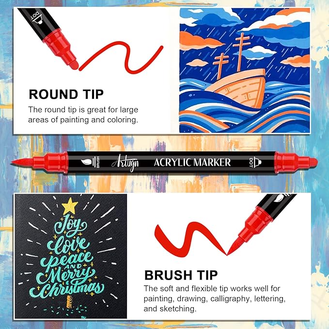 Artugn 36 Colors Acrylic Paint Pens, Dual Tip Pens With Medium Brush Tip, Paint Markers for Rock Painting, Ceramic, Wood, Plastic, Calligraphy, Scrapbooking, Brush Lettering, Card Making, DIY Crafts