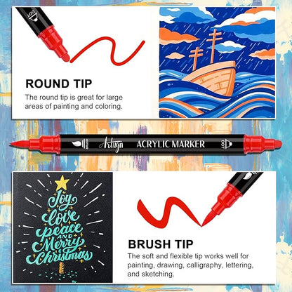 Artugn 36 Colors Acrylic Paint Pens, Dual Tip Pens With Medium Brush Tip, Paint Markers for Rock Painting, Ceramic, Wood, Plastic, Calligraphy, Scrapbooking, Brush Lettering, Card Making, DIY Crafts