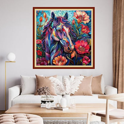 Funchey Stamped Cross Stitch Kits, DIY Cross Stitch Pattern for Adults Beginners Needlepoint Kits Embroidery Kit Arts and Crafts 11CT&Colorful Steed Flowers 18x18 inchs
