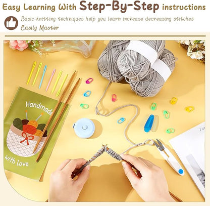 GliCraft Knitting Kit for Beginners Learn to Knit Kit for Adults Gloves Starter Bundle with Step-by-Step Instructions Includes Wool Yarn, Needles & Accessories(Grey)