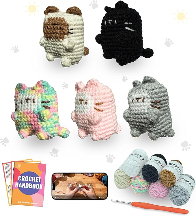 PAITIN Crochet Kit for Beginners – DIY Cat Amigurumi Crochet Kit, Easy Crochet Kits with Step-by-Step Video Tutorial and Beginner Handbook