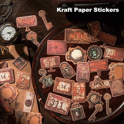 AuriicLeaf Vintage Kraft Paper Sticker Set, 96PCS Retro Scrapbook Supplies for Journaling and Crafts, Includes Keys, Padlocks, Signs, Labels, Frames, Number Plates