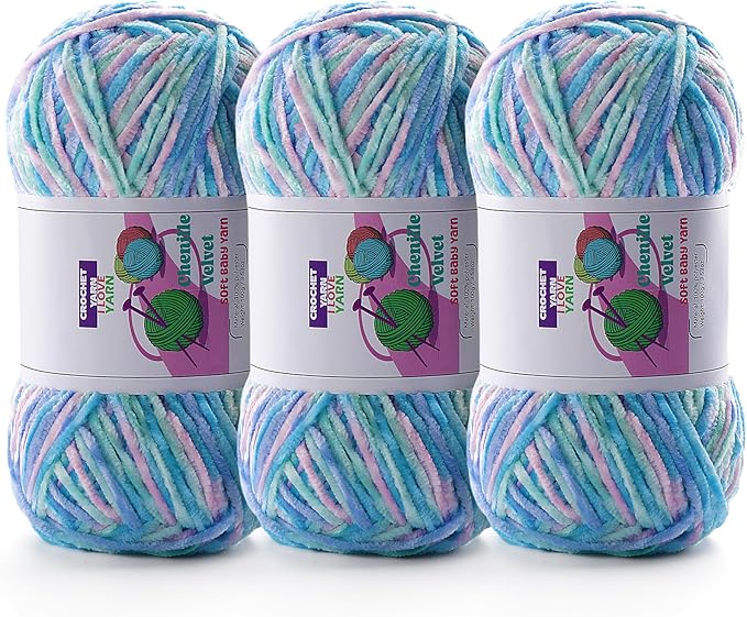 3 Skeins Soft Fluffy Velvet Yarn, Chenille Chunky Yarn for Hand Knitting and Crocheting DIY Craft, Amigurumi Crochet Yarn（3×196.8yds, 3×3.5oz） (Macaron)