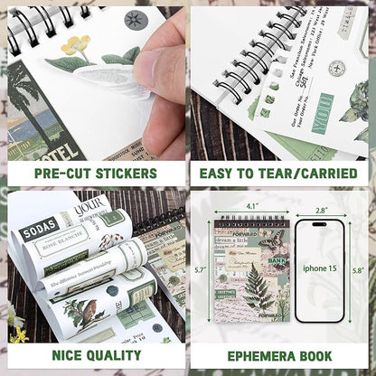 RISYPISY Pre-Cut Vintage Washi Journaling Sticker Book for Scrapbooking, 476PCS Green Scrapbooking Supplies, Ephemera for Junk Journal Supplies Crafts Arts, Dark Academia Stickers for journaling
