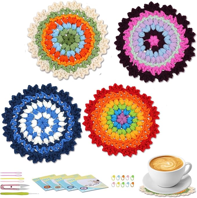 Tavkite Crochet Kit for Beginners, 4 Pack Coasters Crochet Starter Kit with Instructions and Video Tutorials, Easy to Learn Crochet Kits for Adults, Knitting Kit for Beginner DIY Craft
