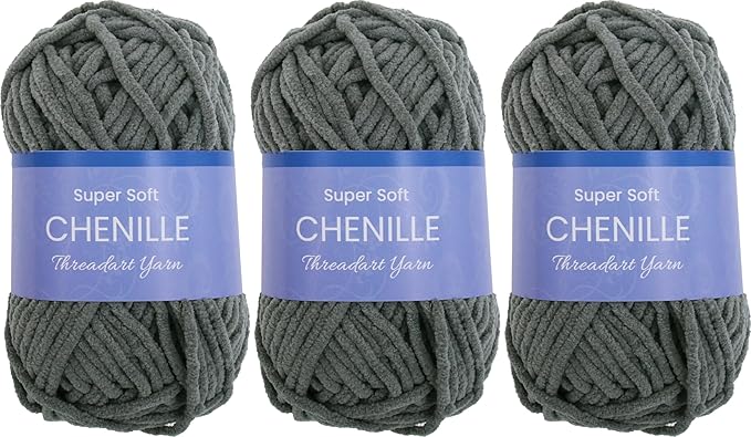 3 Pack ThreadArt Chenille Yarn for Crocheting, Knitting, Amigurumi, Super Soft Plush Velvet Yarn - 50 Gram 60 yds #5 Fluffy Yarn Skeins - Dark Grey 15