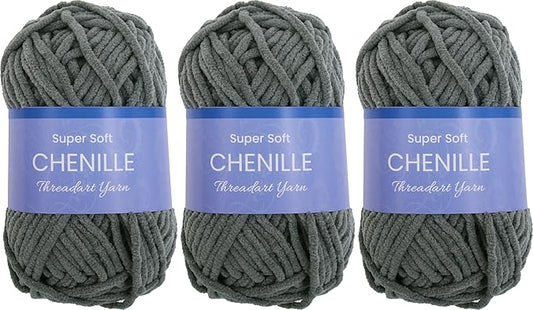 3 Pack ThreadArt Chenille Yarn for Crocheting, Knitting, Amigurumi, Super Soft Plush Velvet Yarn - 50 Gram 60 yds #5 Fluffy Yarn Skeins - Dark Grey 15