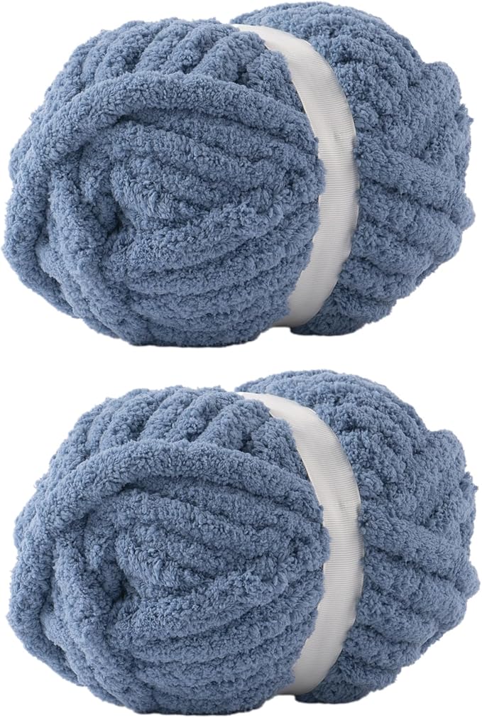 Blue Jumbo Chunky Chenille Yarn for Crocheting, Thick Plush Yarn for Hand Knitting Blankets, Super Soft Bulky Yarn for DIY Projects, 2 Jumbo Pack
