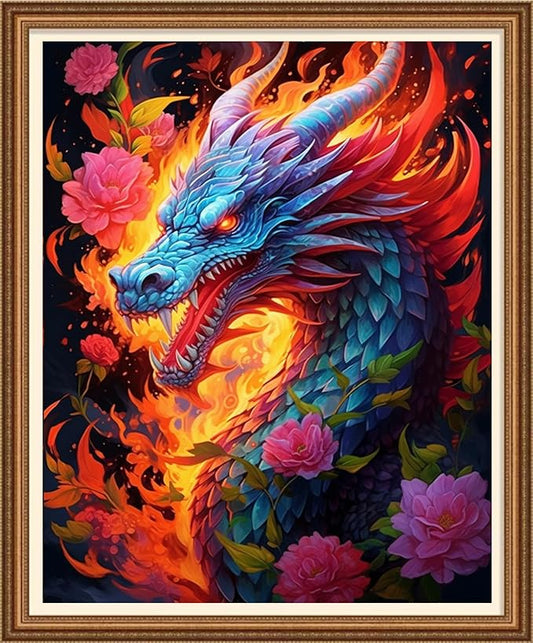 Disnesart Cross Stitch Stamped Full Embroidery Kits DIY 11CT Cotton Thread Printed DIY Needlepoint Kits Craft Needlework Set Cross-Stitch Stamped Sets-Flower Dragon 16x20 inch