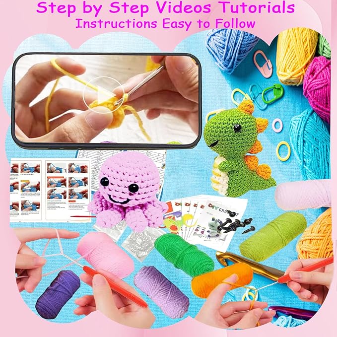6PCS Crochet Kit for Beginners, Beginners Knitting Kit for Adults, Cute Animals Complete Starter Kit with Step-by-Step Video Tutorials and Instructions, Christmas Gifts for Adults and Friends