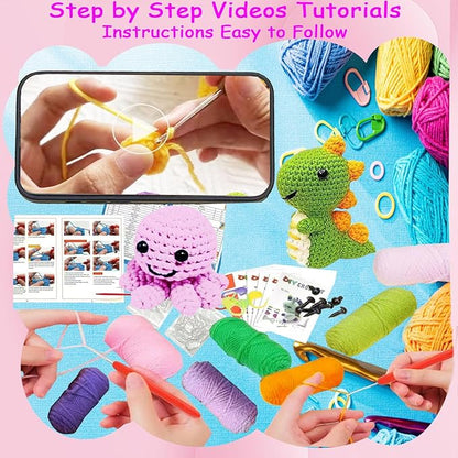 6PCS Crochet Kit for Beginners, Beginners Knitting Kit for Adults, Cute Animals Complete Starter Kit with Step-by-Step Video Tutorials and Instructions, Christmas Gifts for Adults and Friends