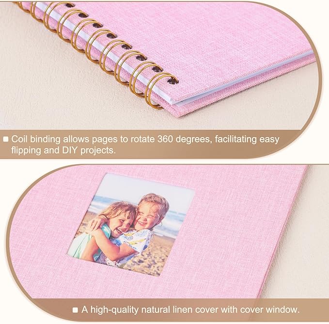 Scrapbook Photo Album 10x10 Inches 40 Pages Hardcover Kraft Paper Linen Cover Scrap Book Memory Book DIY Scrapbook Albums for Wedding Baby Boyfriend Travel Anniversary Family, Pink