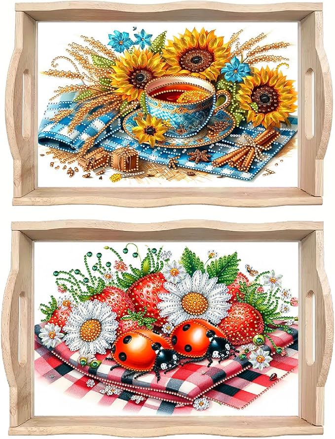 DoxQcs DIY Diamond Art Wooden Food Tray with Handle Diamond Painted Table Decoration Tray for Breakfast Bar Dinner Table Diamonds Art Painting for Beginners-2PCS